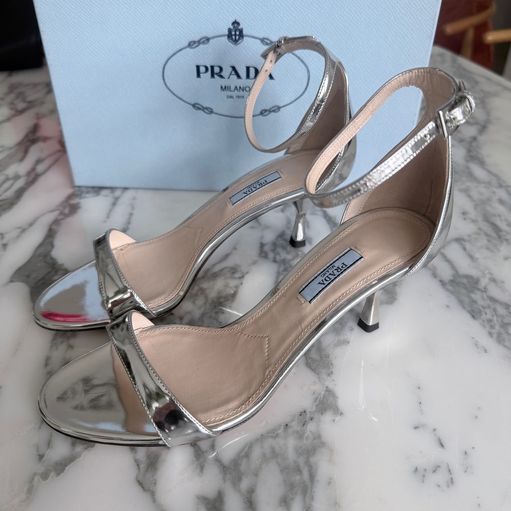 Prada 1X282L Metallic Silver Leather Ankle Strap Kitten Heel Sandals, sz 37